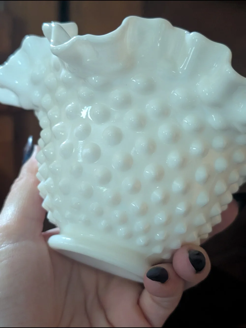 Fenton Milk Glass Hobnail Ruffled Crimped Edge Candy Snack Dish Bowl 6.5